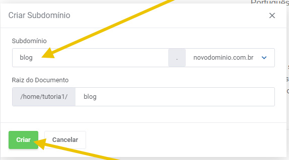 formulário criar subdominio